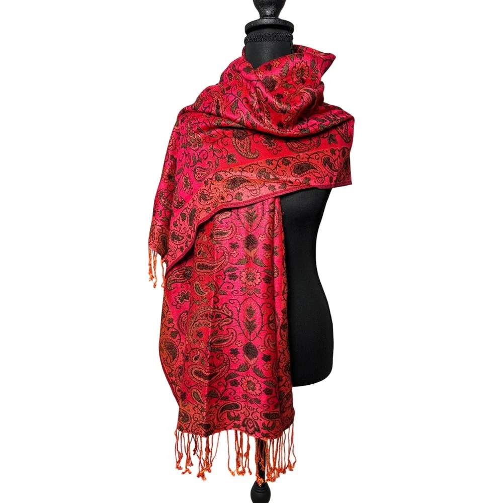 Pashmina Red Orange Paisley Silk Cashmere Blend Fringed Shawl Wrap Scarf Elegant